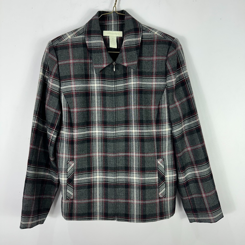 Appleseed's Wool Plaid Blazer Jacket 16 Gray Red Check Preppy Academia Vtg 90s